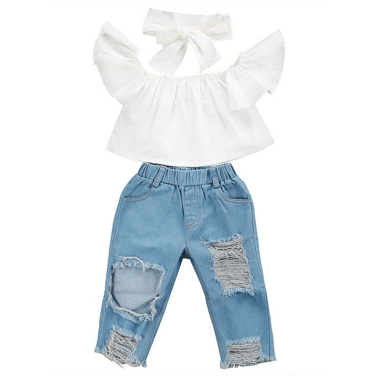 Gwiyeopda Toddler Kids Baby Girls Clothes Off Shoulder Tops Holes Denim  Pants Outfits 1-6Y