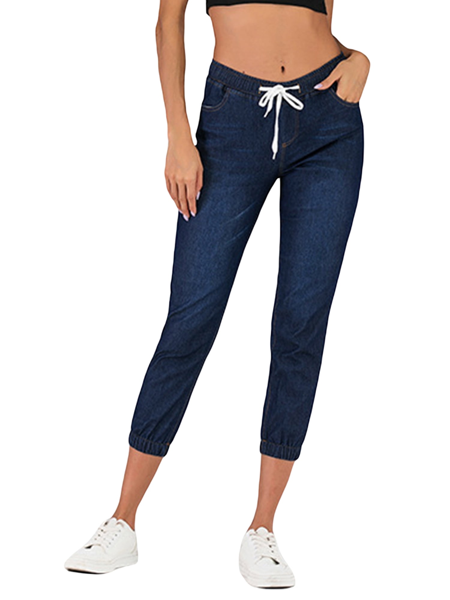 Gwiyeopda Women Casual Denim Pants Loose Soft Jogger Drawstring Elastic