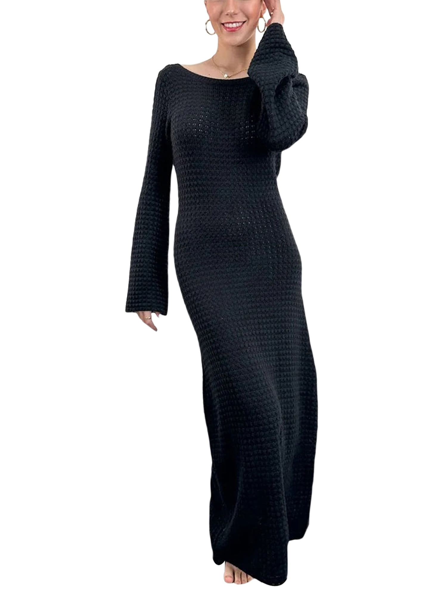 Gwiyeopda Women Crochet Knit Dress Long Sleeve Backless Bodycon Maxi Dress Hollow Out Cover Up