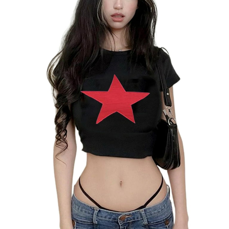 Gwiyeopda Women Girls Y2K Crop Top Star Print Tees Grunge T-Shirt Blouse  Streewear