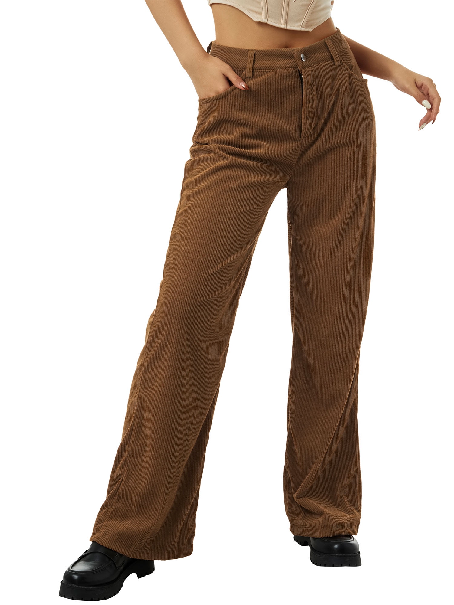 Gwiyeopda Women High Waist Corduroy Solid Color Pants Vintage Straight ...