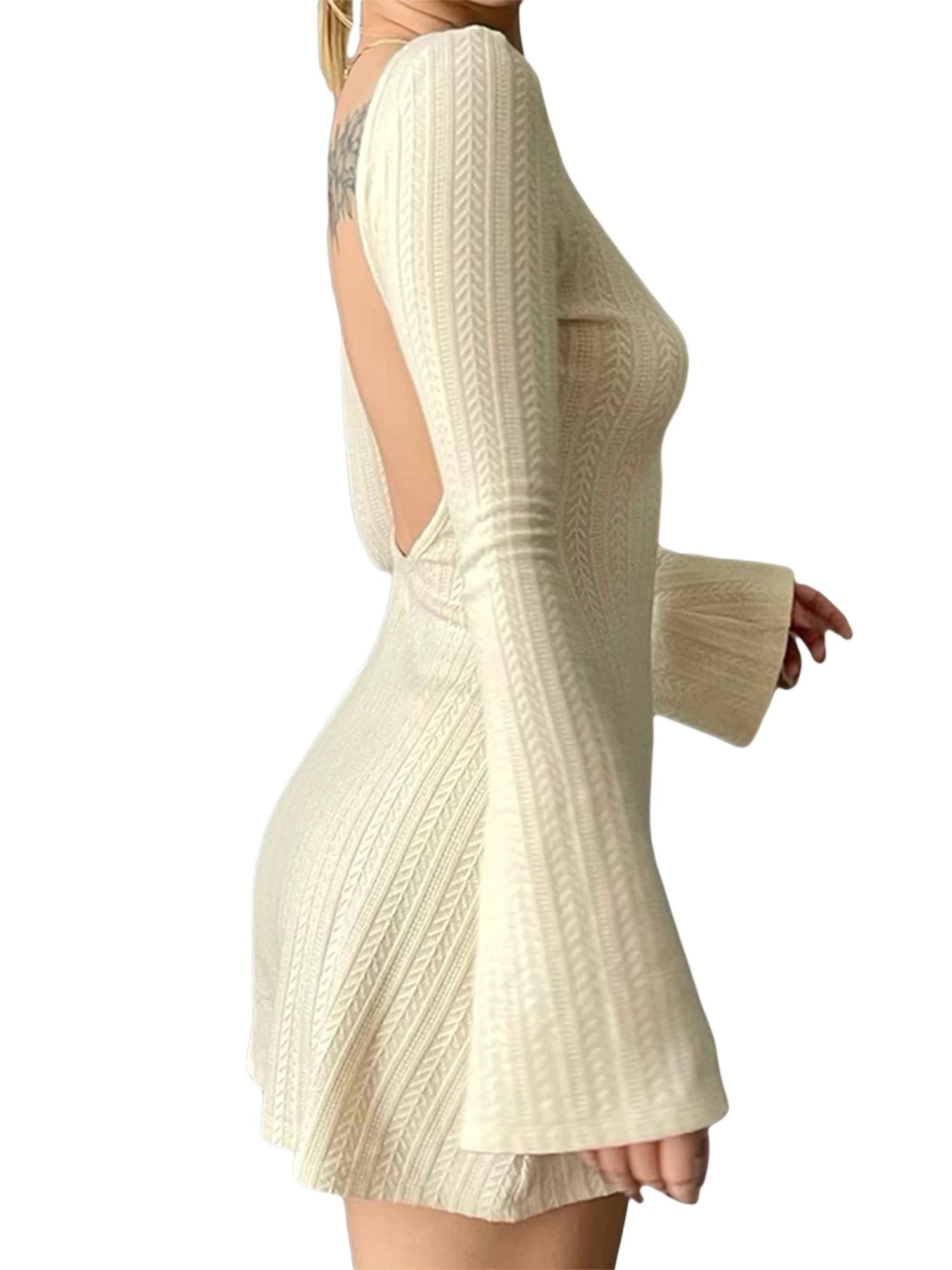 Gwiyeopda Women Knit Mini Dress Backless Wool Short Dresses Female