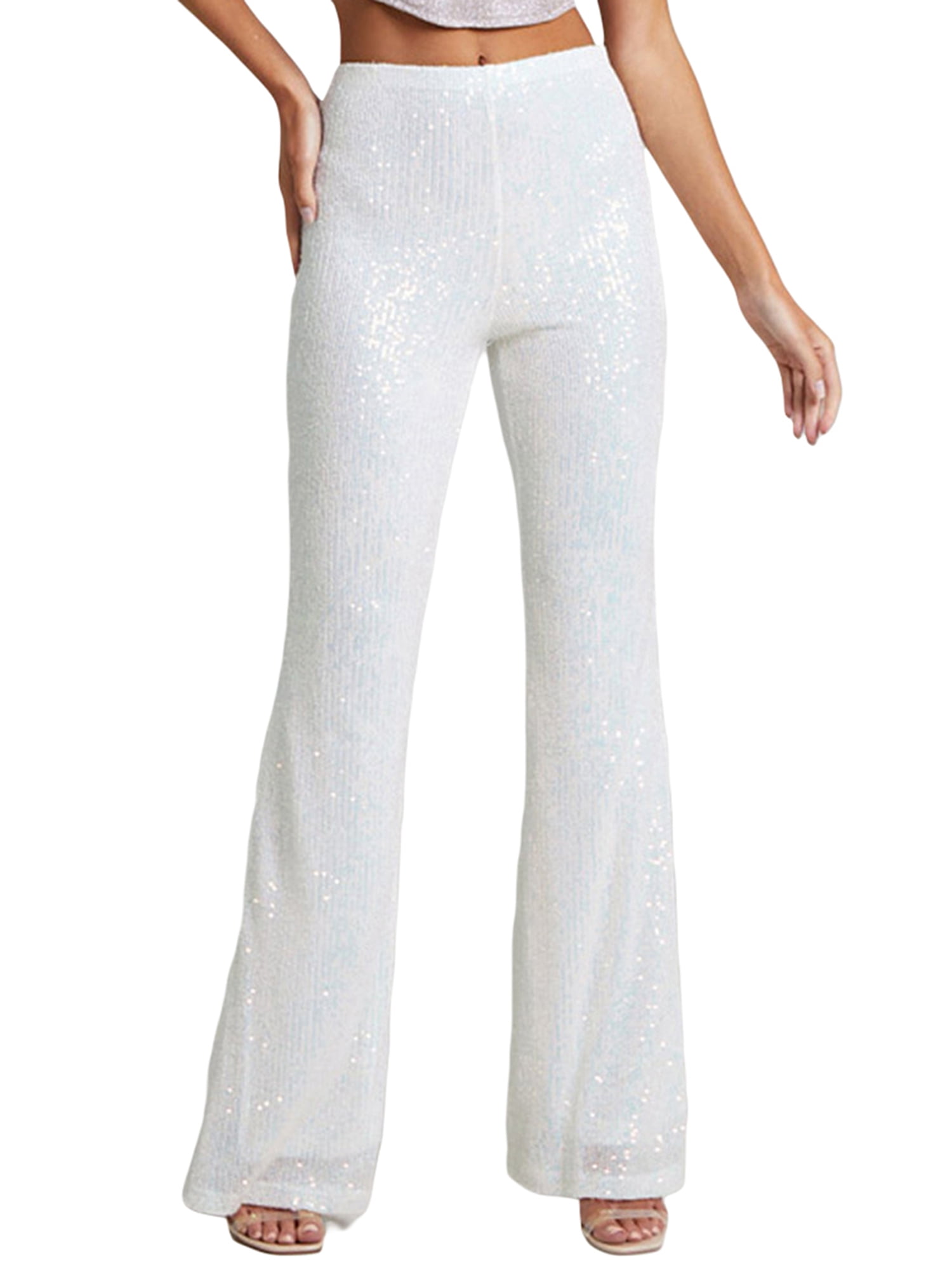 Gwiyeopda Women Sequin Pants Sparkly Glitter High Waisted Wide Leg