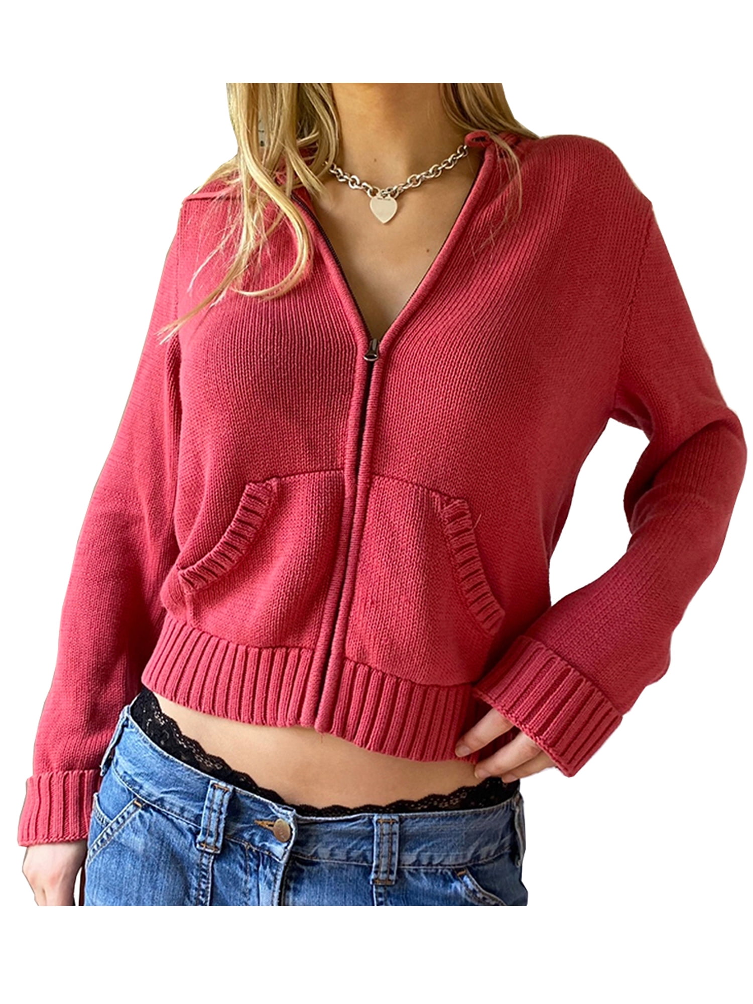 Gwiyeopda Women Solid Zip Up Open Front Knit Crop Cardigan