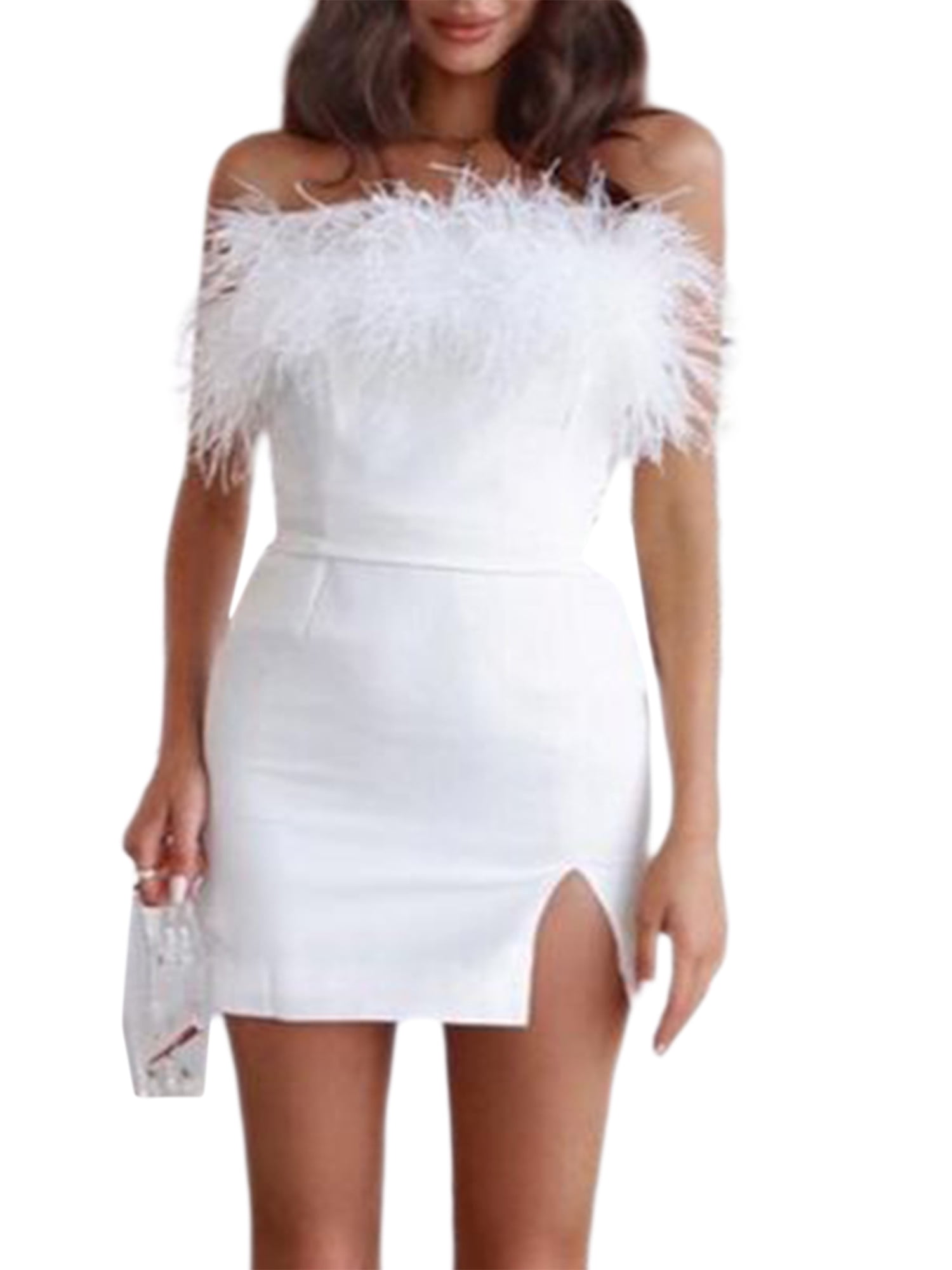Gwiyeopda Women Strapless Tube Top Dresses Feather Bodycon