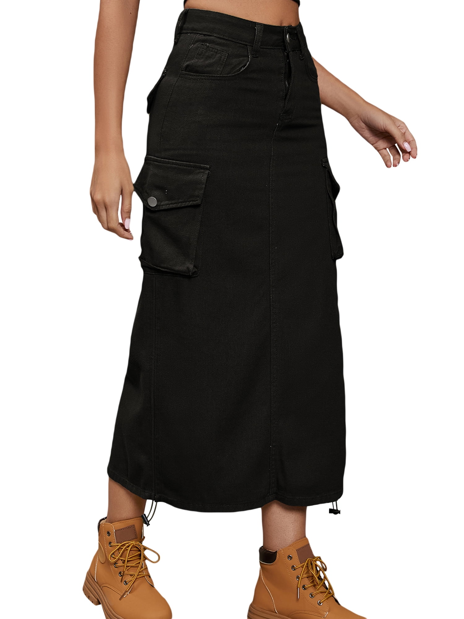 Gwiyeopda Women Y2k Cargo Long Skirt High Waisted Drawstring Maxi Skirt Ruched Casual Skirts