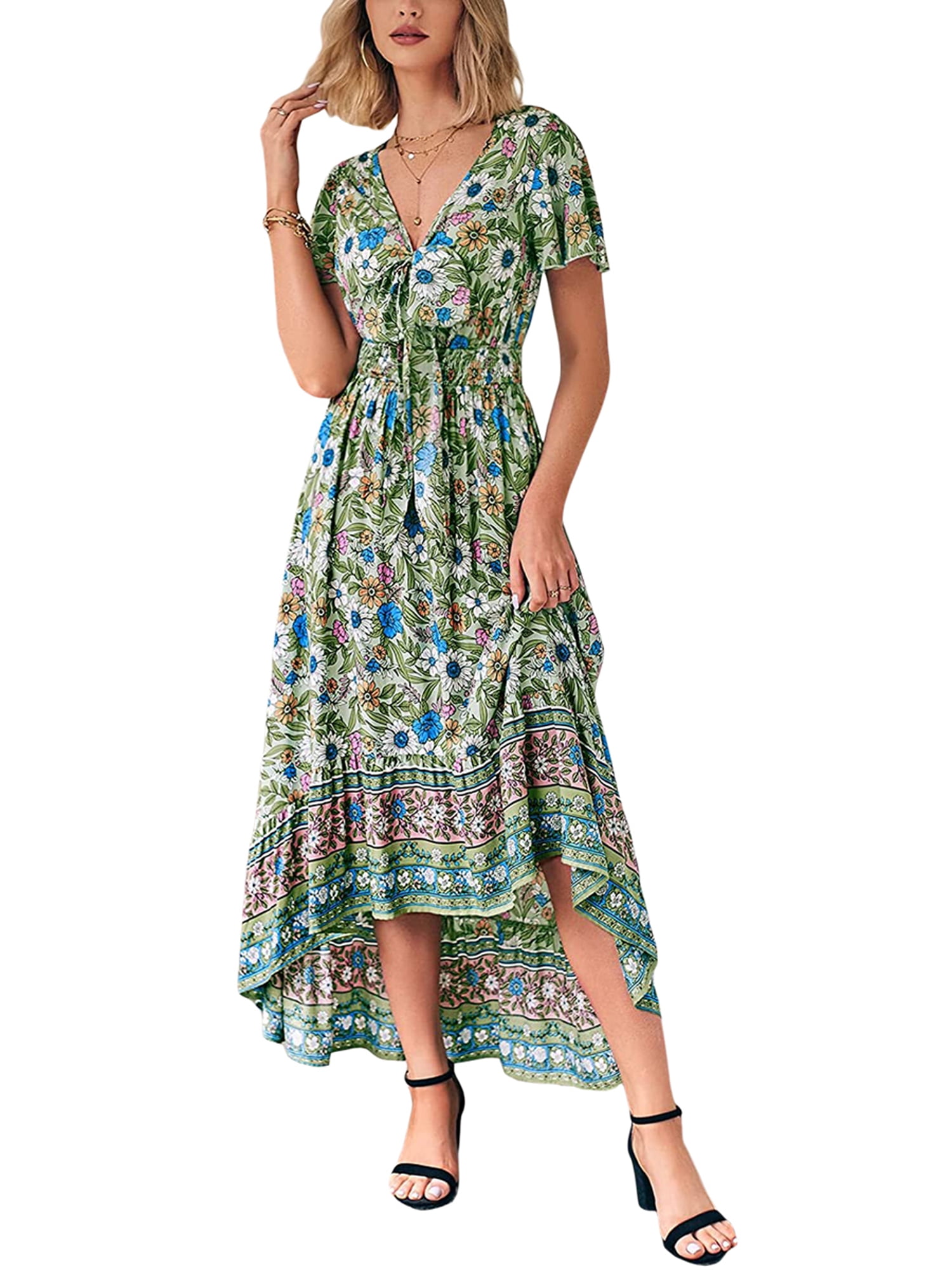 Women’s Boho Dress Floral V-Neck Belted Soft Fabric