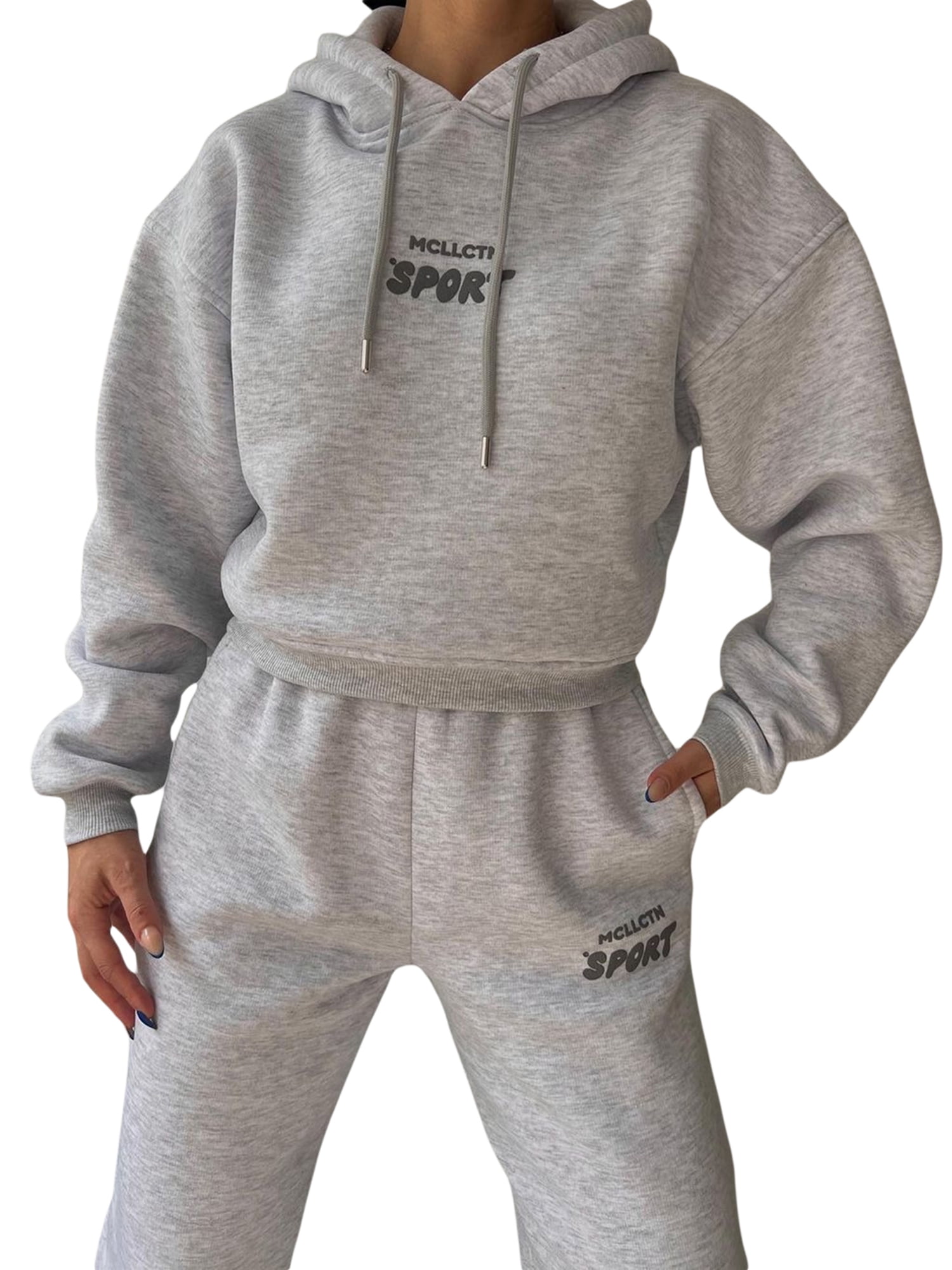 Gwiyeopda Women's Fleece Lounge Set 2 Piece Outfits Sweatsuits Pullover