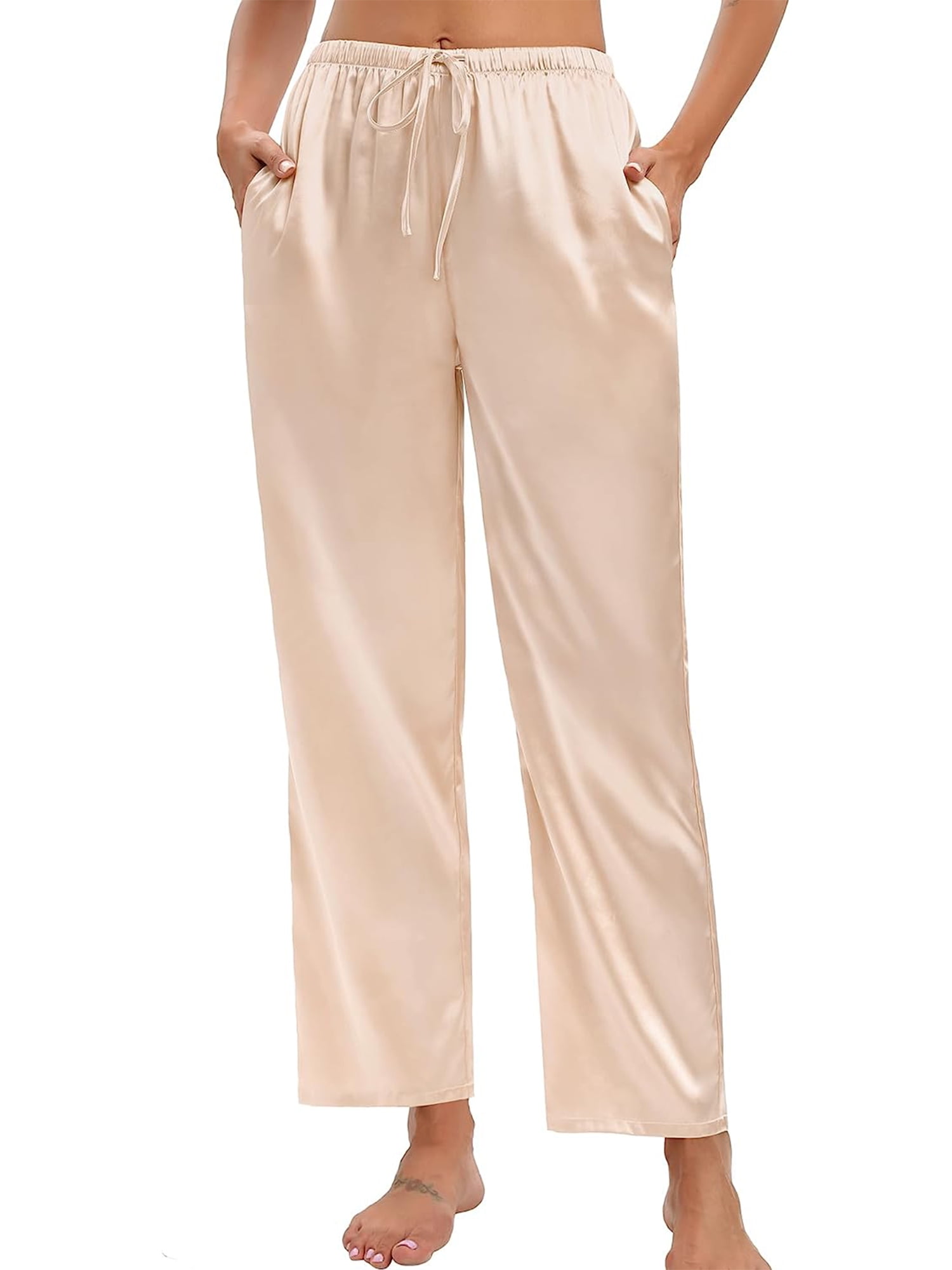 Gwiyeopda Women s Silk Satin Pajama Pants Soft Long Lounge Pant Drawstring Trousers Casual Sleepwear Pj Bottoms with Pockets S M L Walmart