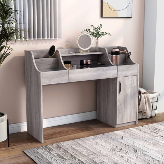 Gwydion Multi-Storage Wood Vanity Table, Coastal White