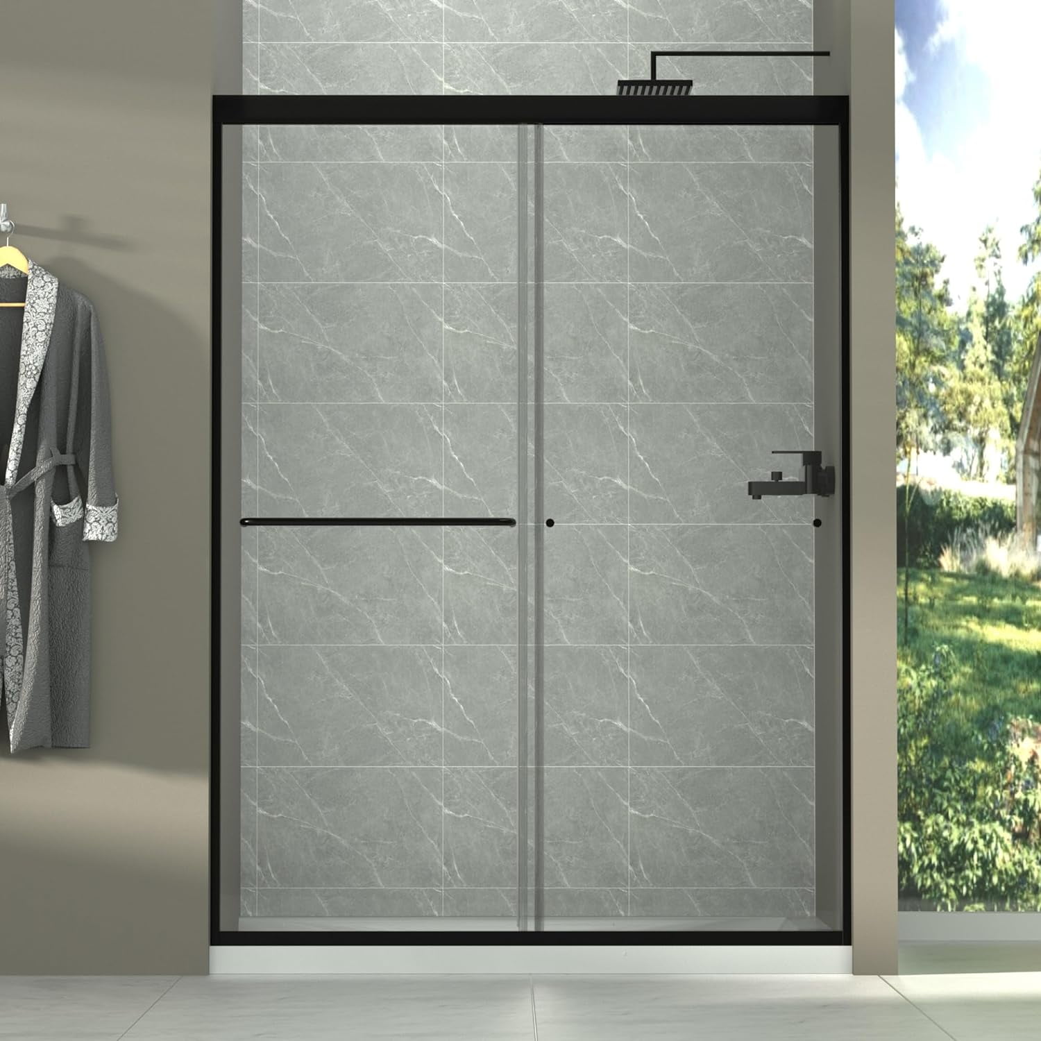 Gxcevsou Sliding Matte Black Anodized Aluminum 50"W x 72"H, 1/4" Thick Clear Shower Door