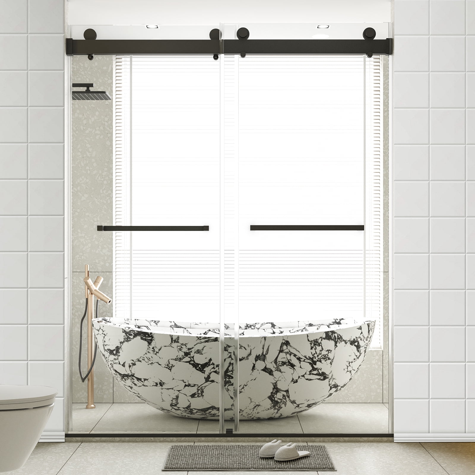 Matte Black Frameless Double Sliding Shower Door with Tempered Glass