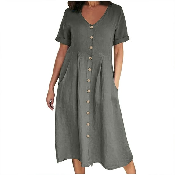 Gxdcog Summer Linen Dresses for Women Loose Pocket Midi Dress Short Sleeve V Neck Button Knee Length Dress Flowy Sundress