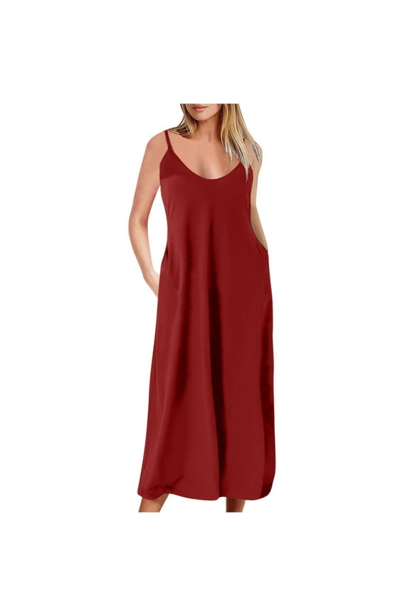 Women's Summer Dresses, Spaghetti Strap Soild Cami Dress Casual Boho Flowy Midi Beach Dress