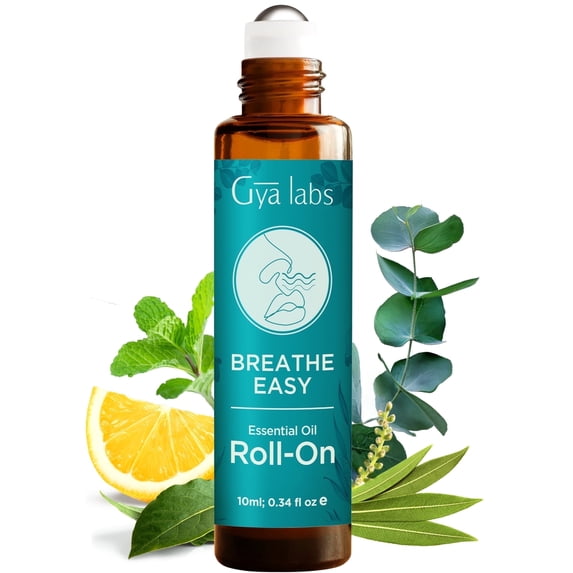 Gya Labs Breathe Easy Essential Oil Roll On - Peppermint and Eucalyptus for Sinus and Congestion Relief, 0.34 fl oz