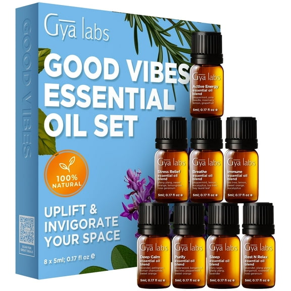 Gya Labs Good Vibes Essential Oil Set, Essential Oils for Diffusers, Self-Care, Skin, Candle Making & Gift Set - Peppermint, Rosemary, Rose Geranium, Lemongrass, Roman Chamomile - 8 x 0.17 fl oz