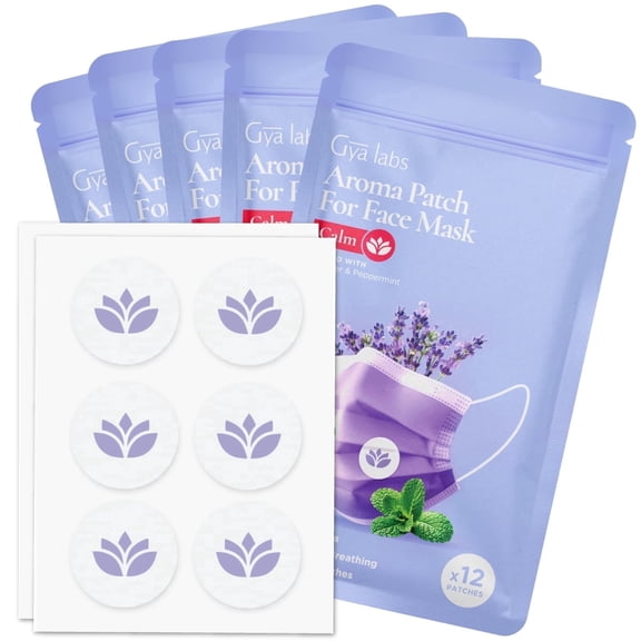 Gya Labs Lavender Aroma Patches - Essential Oil Scented Mask Stickers for Face Masks & Pillows, Infused with Relaxing Peppermint & Lavender Essential Oils (5 Packs, 60 Stickers)