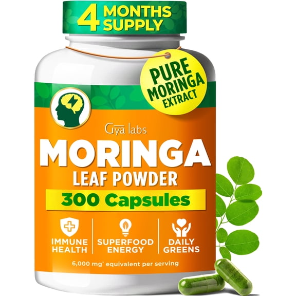 Gya Labs Pure Moringa Leaf Powder Capsules 300 Capsules, Green Superfood for Energy, Immune & Gut Health, Non-GMO