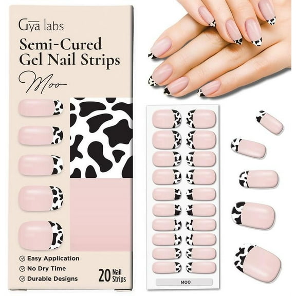 Gya Labs Nail Stickers - Long Lasting Semi Cured Gel Nail Strips (20 Pcs) - Nail Art Kit Stickers for Women | Animal Print - Moo