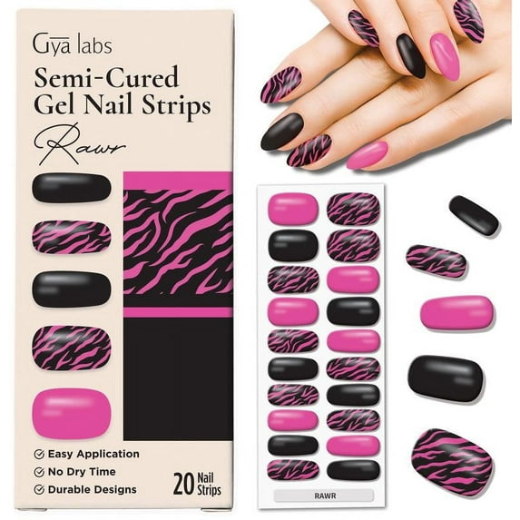 Gya Labs Nail Stickers - Long Lasting Semi Cured Gel Nail Strips (20 Pcs) - Nail Art Stickers Kit for Women | Animal Print - Raw