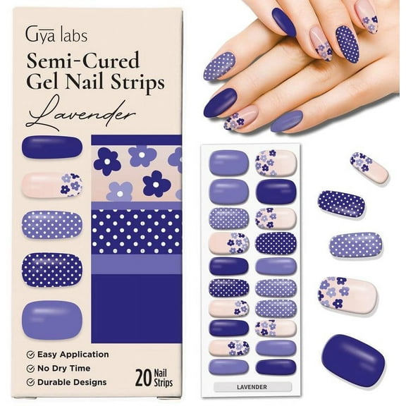 Gya Labs Nail Stickers - Long Lasting Semi Cured Gel Nail Strips (20 Pcs) - Nail Art Stickers Kit for Women | Pattern - Lavender