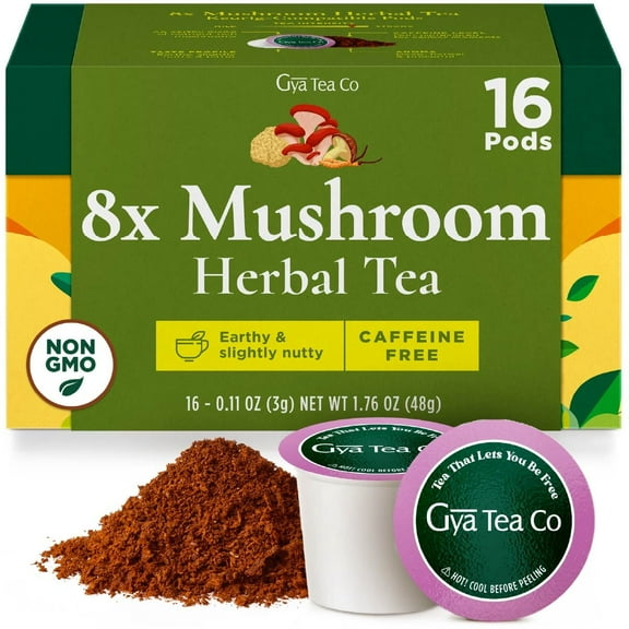 Gya Tea Co 8X Mushroom Herbal Tea Pod (16 ct) - Decaf Wellness Tea with Lion's Mane, Reishi Mushroom, Cordyceps, Chaga for Nourish & Soothing