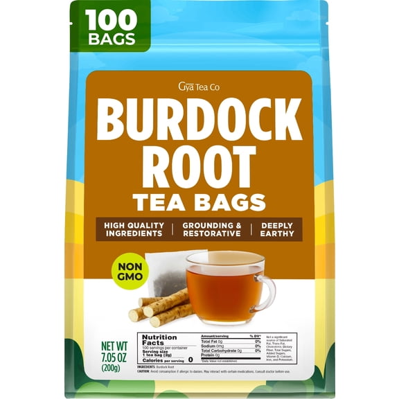 Gya Tea Co Burdock Root Tea Bags (100 Bags) - Caffeine Free Premium Burdock Herbal Tea For Digestive Function, Liver Health & Wellbeing, Used To Make Root Beer - Pure Natural Ingredients, Non-GMO