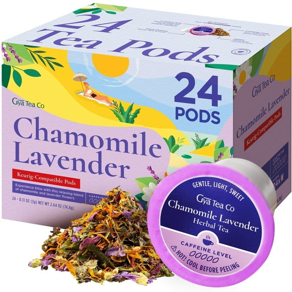 Gya Tea Co Chamomile Lavender Tea K-Cups - 24 Count, Caffeine-free Herbal Blend for Relaxation, Compatible with Keurig 1.0 & 2.0 Brewers