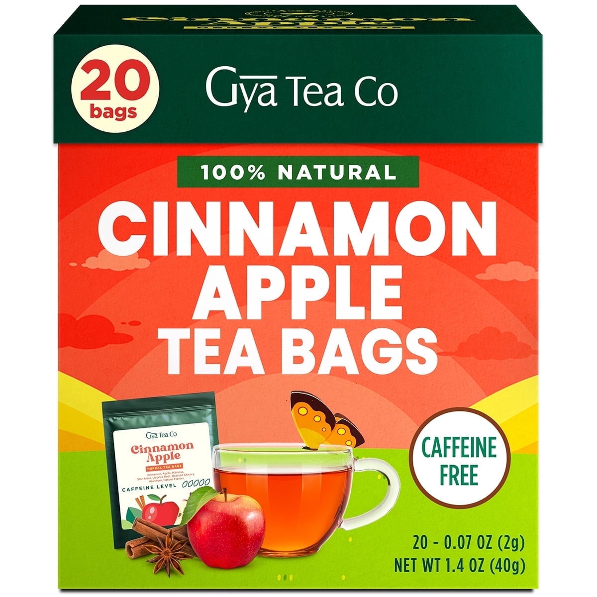 Gya Tea Co Cinnamon Apple Herbal Tea Bags, 20 Bags, Decaf Apple Cider ...