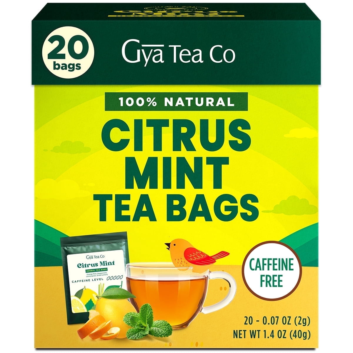 Gya Tea Co Citrus Mint Tea Bags (20 Bags) - Decaf Sweet Tea with