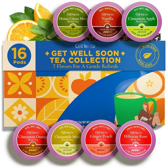 Gya Tea Co Get Well Soon Collection Tea Gift Set (16 ct) - 7 Flavors Assorted Tea Pod Variety Pack with Hibiscus Rose, Cinnamon & Ginger Peach