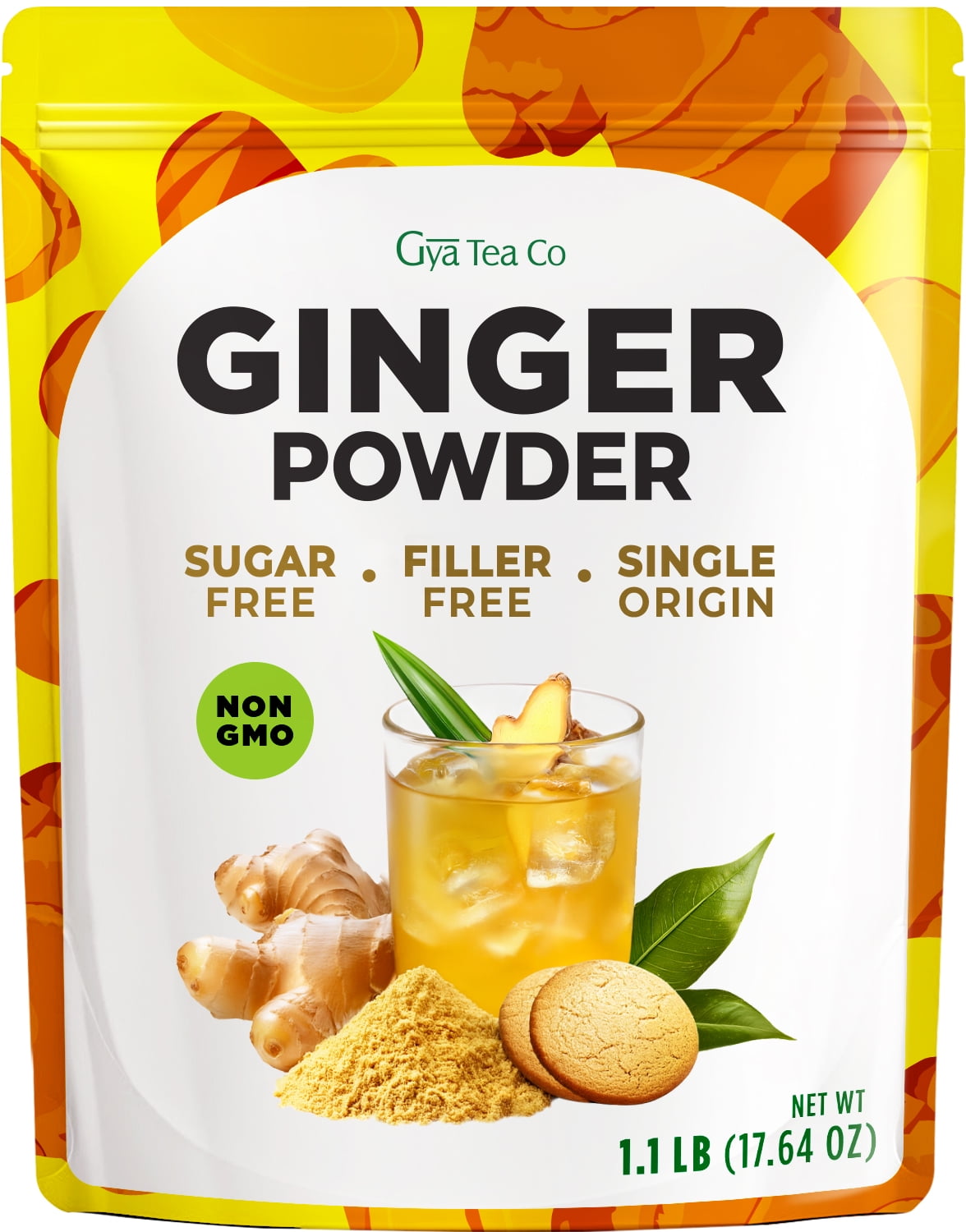 Gya Tea Co Ginger Powder 1.1lb (17.64 Oz) - 100% Real & Robust Ground Ginger, Smooth-Blending For Shots, Teas, Cooking - Antioxidant Rich For Overall Wellness, Digestion Support - Non-GMO