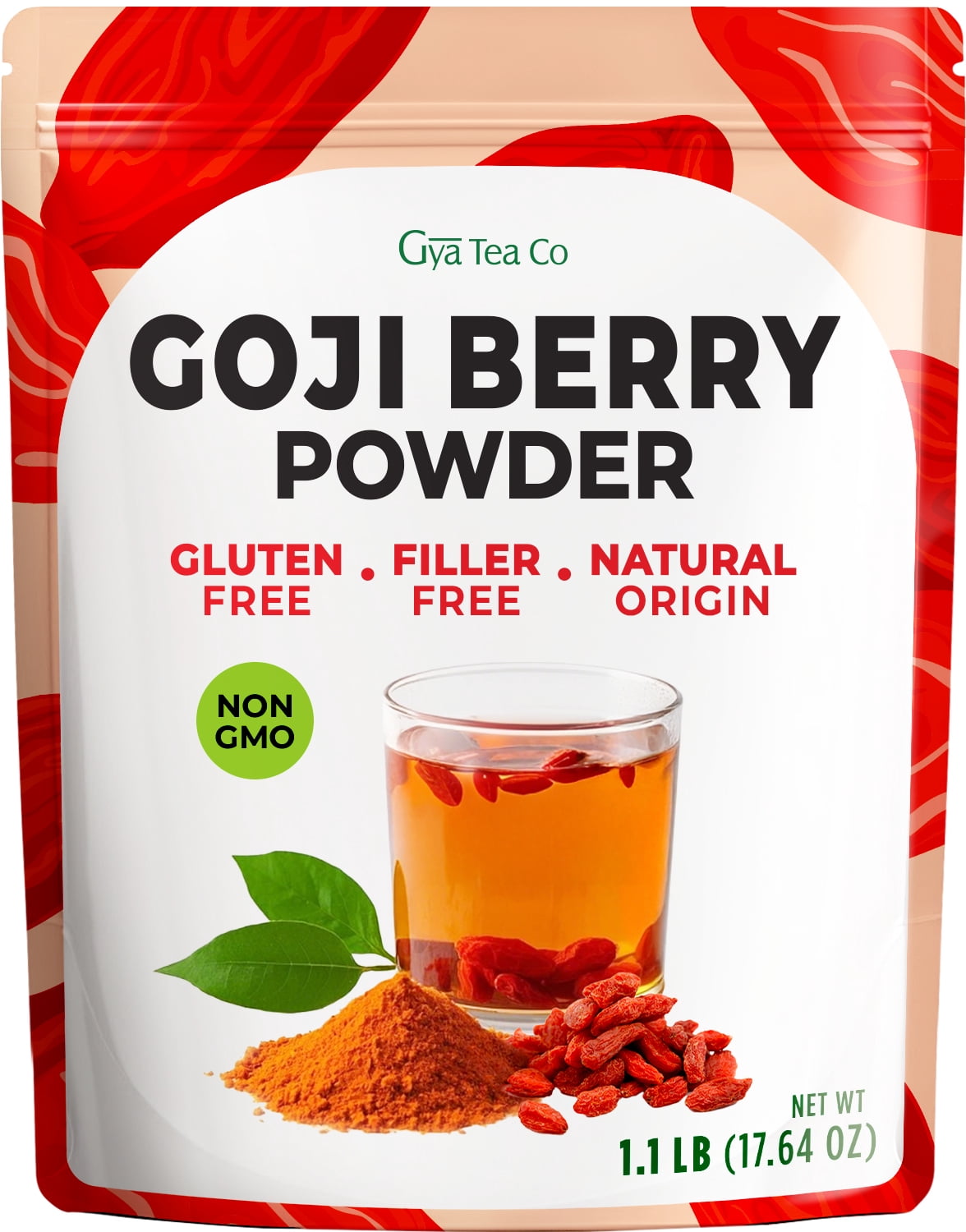Gya Tea Co Goji Powder 1.1lb (17.64 Oz) - 100% Pure Vegan Berries - Perfect for Healthy Smoothies, Tea, Baking - Antioxidant Rich Superfood for Wellness Support, Natural Energy - Non GMO, Gluten Free