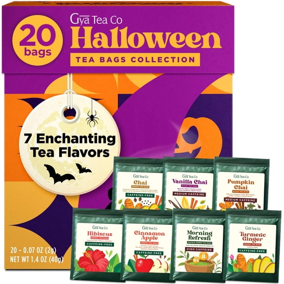 Gya Tea Co Halloween Assorted Tea Bags Variety Pack - 20 Bags - 7 Seasonal Flavors Caffeinated & Caffeine Free Holiday Tea Sampler Gift Set Box - Easy Brew, Natural Ingredients, Enjoy Hot or Iced