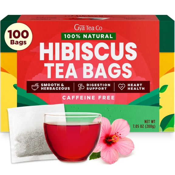 Gya Tea Co Hibiscus Herbal Tea Bags (100 Bags) - Caffeine Free with a Tangy Flavor for All Day Comfort, Calming, Relaxing & Nourishing - Fruit & Herbal Blends