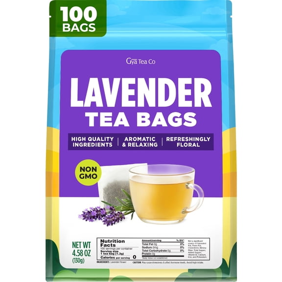 Gya Tea Co Lavender Herbal Tea Bags (100 Bags) - Caffeine Free Calming Pure Lavender Flowers For Relaxation & Wellness - Compostable, Resealable Pouch, Sugar Free, No Gluten, Non-GMO