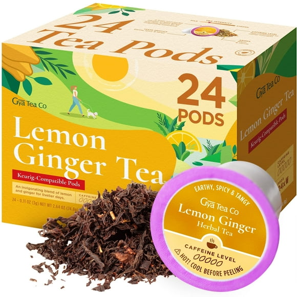 Gya Tea Co Lemon Ginger Herbal Tea K-Cups (24ct) - Caffeine-Free Pods with Vitamin C & Antioxidants, Keurig Compatible