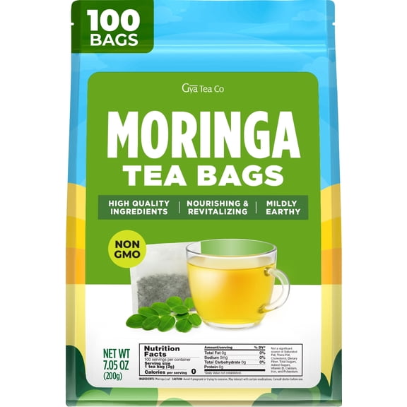 Gya Tea Co Moringa Tea Bags (100 Bags) - Caffeine Free Natural Herbal Tea for Energy, Digestion - Made with Miracle Tree Moringa Leaves - Non-GMO, No Additives, Eco-Conscious Resealable Bags