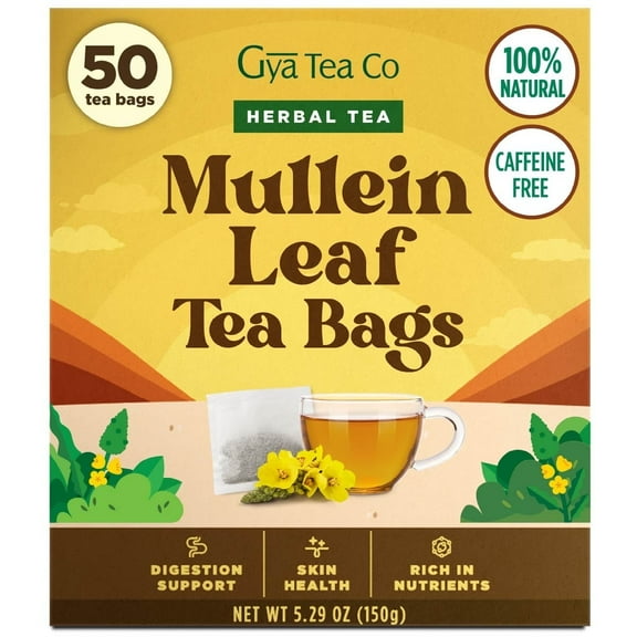 Gya Tea Co Mullein Leaf Herbal Tea Bags (50 Bags) - Decaf Wellness Mullein Tea for Digestive & Respiratory, Night Time's Calm & Relaxation - Fruit & Herbal Blends