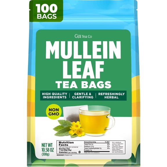 Gya Tea Co Mullein Leaf Tea Bags for Lungs (100 Bags) - Caffeine Free Mullein Herbal Tea for Health & Respiratory Wellness Support - No Additives & Non-GMO