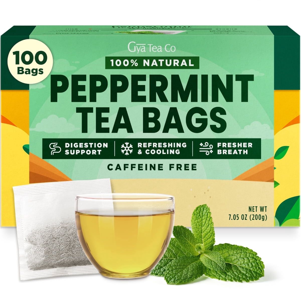 Gya Tea Co Peppermint Herbal Tea Bags (100 Bags) - Caffeine Free with a ...