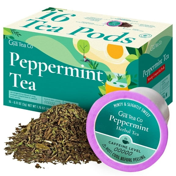Gya Tea Co Peppermint Herbal Tea K-Cups (16ct) - Caffeine-Free Digestive Support Pods, Keurig Compatible