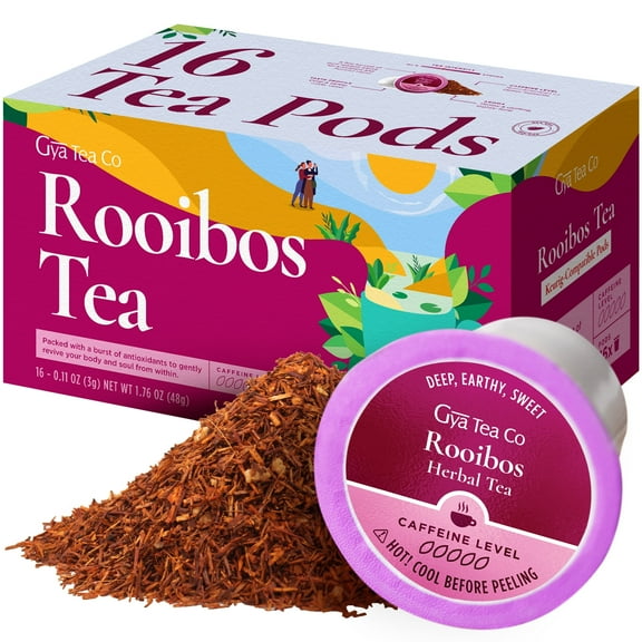 Gya Tea Co Pure Rooibos Herbal Tea K-Cups - Caffeine-Free Pods, Compatible with Keurig 1.0/2.0, 16 Pods