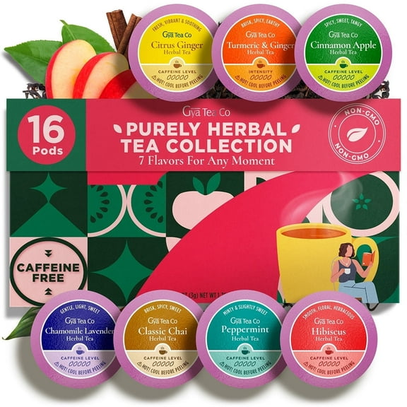 Gya Tea Co Purely Herbal Tea Pod Collection Caffeine Free Tea Gift Set (16 ct) - 7 Flavors Assorted Variety Pack with Hibiscus, Chamomile & Ginger