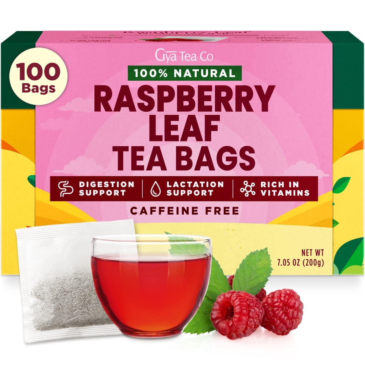 Gya Tea Co Raspberry Herbal Tea Bags (100 Bags) - Caffeine Free with a ...