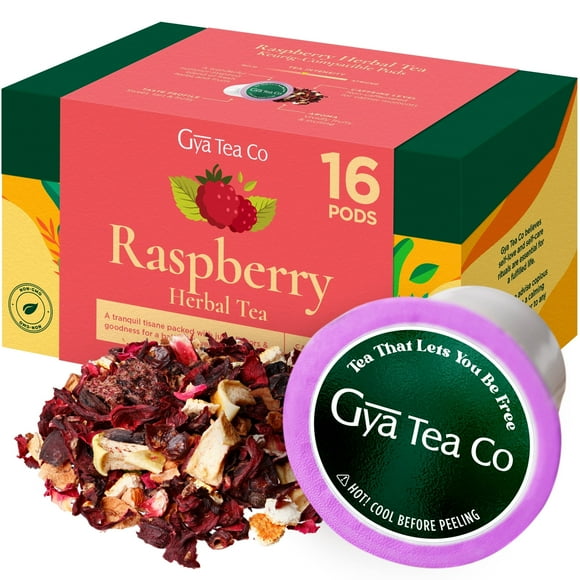 Gya Tea Co Raspberry Herbal Tea K-Cups, Caffeine-Free Fruit Tea Pods, Keurig Compatible, 16 Pods
