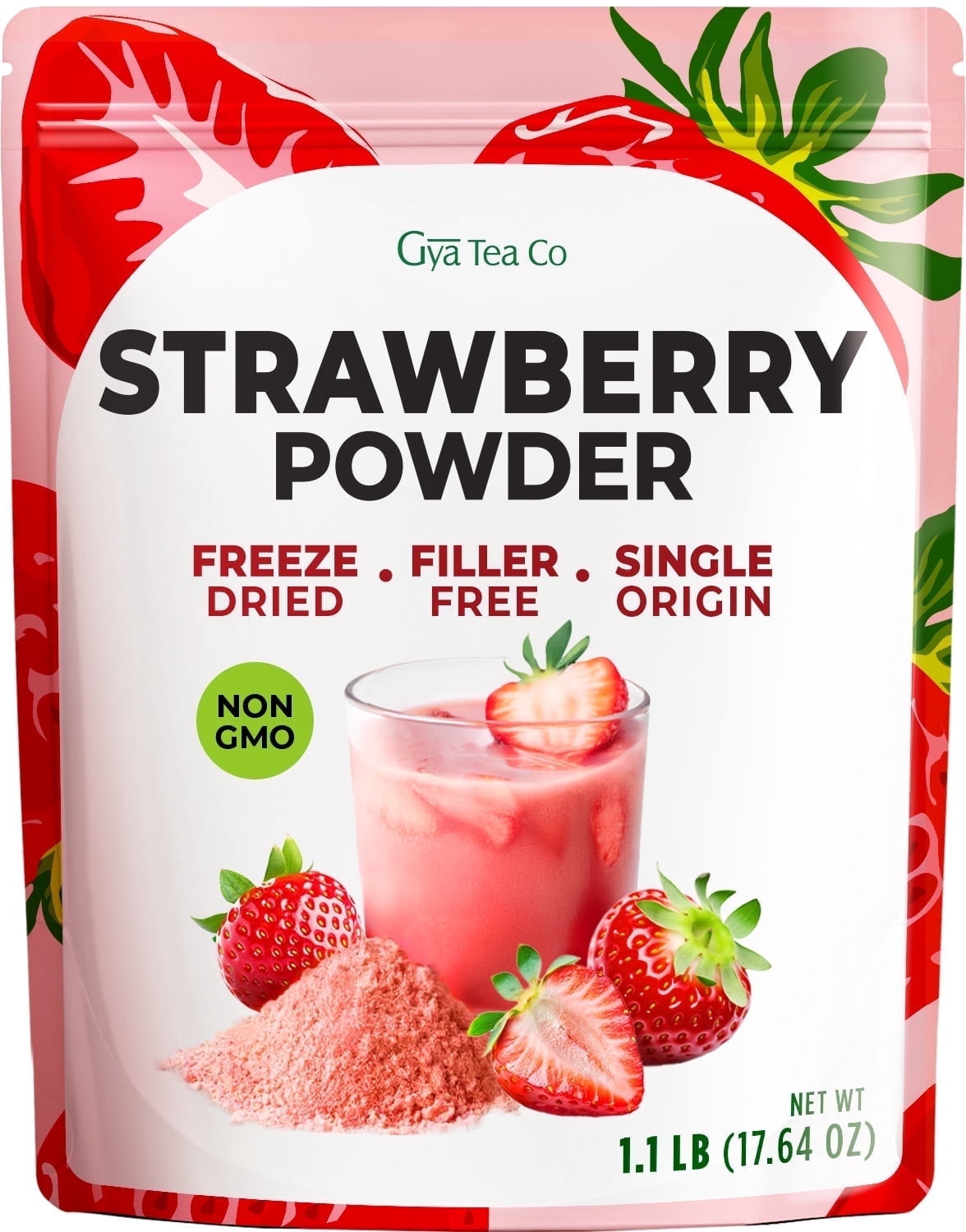 Gya Tea Co Strawberry Powder 1.1lb (17.64 oz) - Freeze Dried Strawberries, Non GMO, Gluten Free, Sugar Free, Natural Strawberry Fruit Powder for Baking, Icing, Cakes & Smoothies, Vegan Friendly