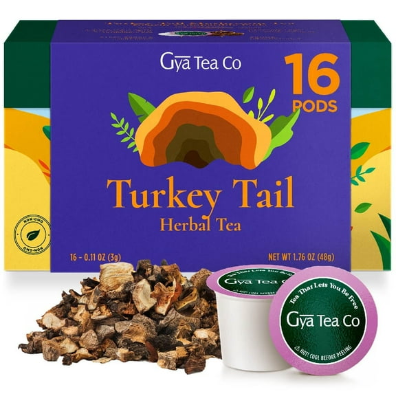 Gya Tea Co Turkey Tail Mushroom Herbal Tea K Cups (16 ct) - Caffeine-Free Focus & Immune Support Tea Pods, Keurig Compatible