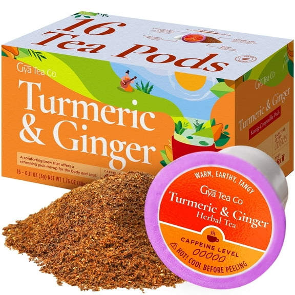 Gya Tea Co Turmeric Ginger Tea Pods for Keurig (16 ct) - A Smooth Blend of Soothing Turmeric & Ginger for All Day Wellness & Digestion - Herbal, Decaf & Caffine Free Tea