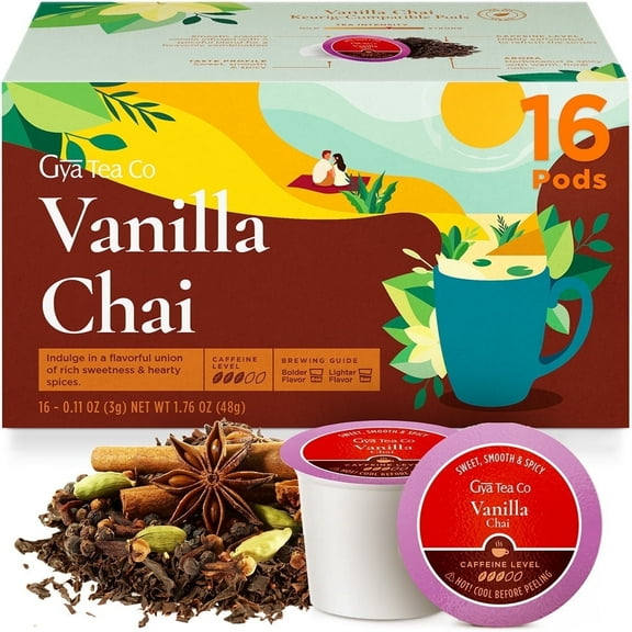 Gya Tea Co Vanilla Chai K Cup Tea Pods for Keurig - Highly Caffeinated Vanilla Chai Tea K Cups - Relax with Smooth Keurig Tea Pods for K-Cup Brewing